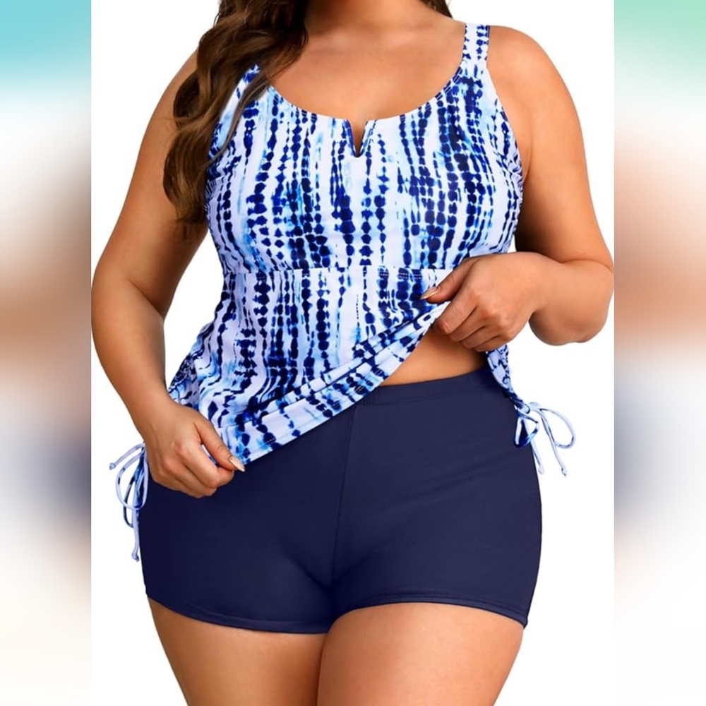 AQUA EVE PLUS SIZE 2 Piece Blue Patterned Women's Tankini Swimsuit